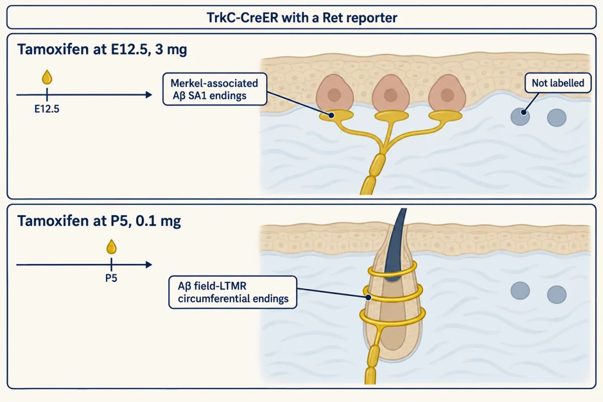 AI-generated illustration: two stacked panels under the header TrkC-CreER with a Ret reporter. Top, tamoxifen given at E12.5 at 3 mg labels a gold Merkel cell-neurite complex in the epidermis. Bottom, tamoxifen given at P5 at 0.1 mg labels gold circumferential endings wrapped around a hair follicle.