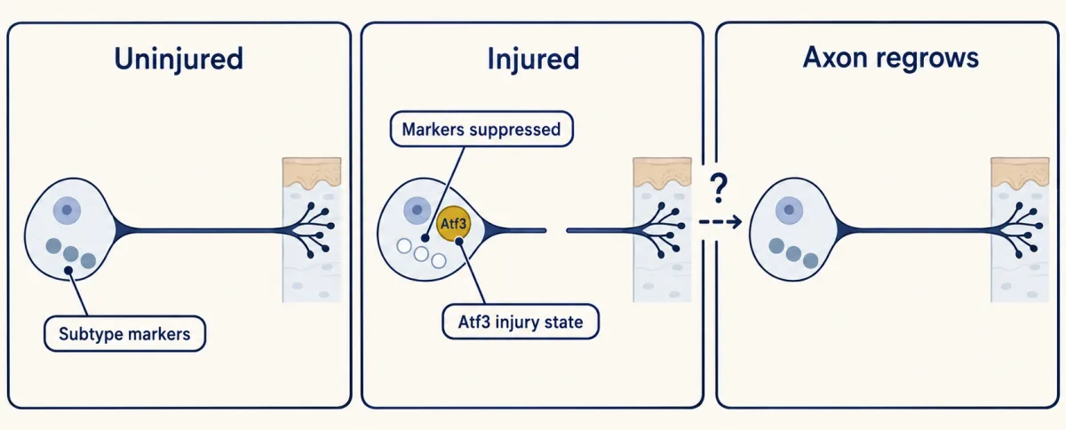 AI-generated illustration: a three-step strip of one sensory neuron. Uninjured, with three subtype marker badges and a continuous axon to the skin. Injured, with the axon cut, the badges faded and a gold Atf3 badge. Axon regrows, with the badges restored and a dashed arrow with a question mark linking regrowth and recovery.