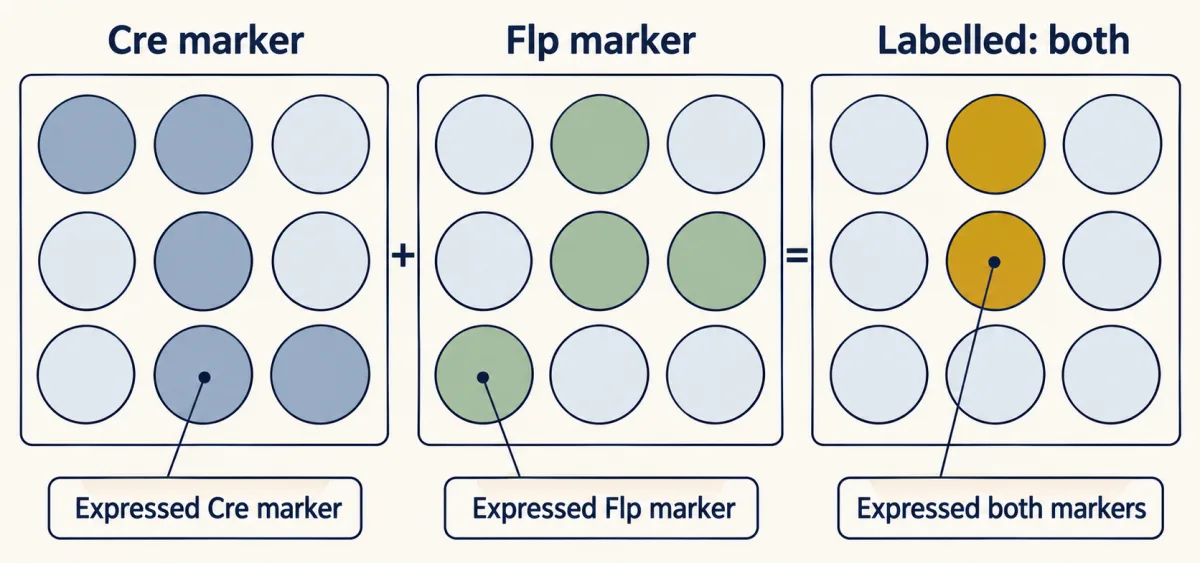 AI-generated illustration: three panels, each a three-by-three grid of round cells. In the first some cells are coloured slate for the Cre marker, in the second some are sage for the Flp marker, and in the third only the two cells that are in both are gold. A plus and an equals sign link the panels.