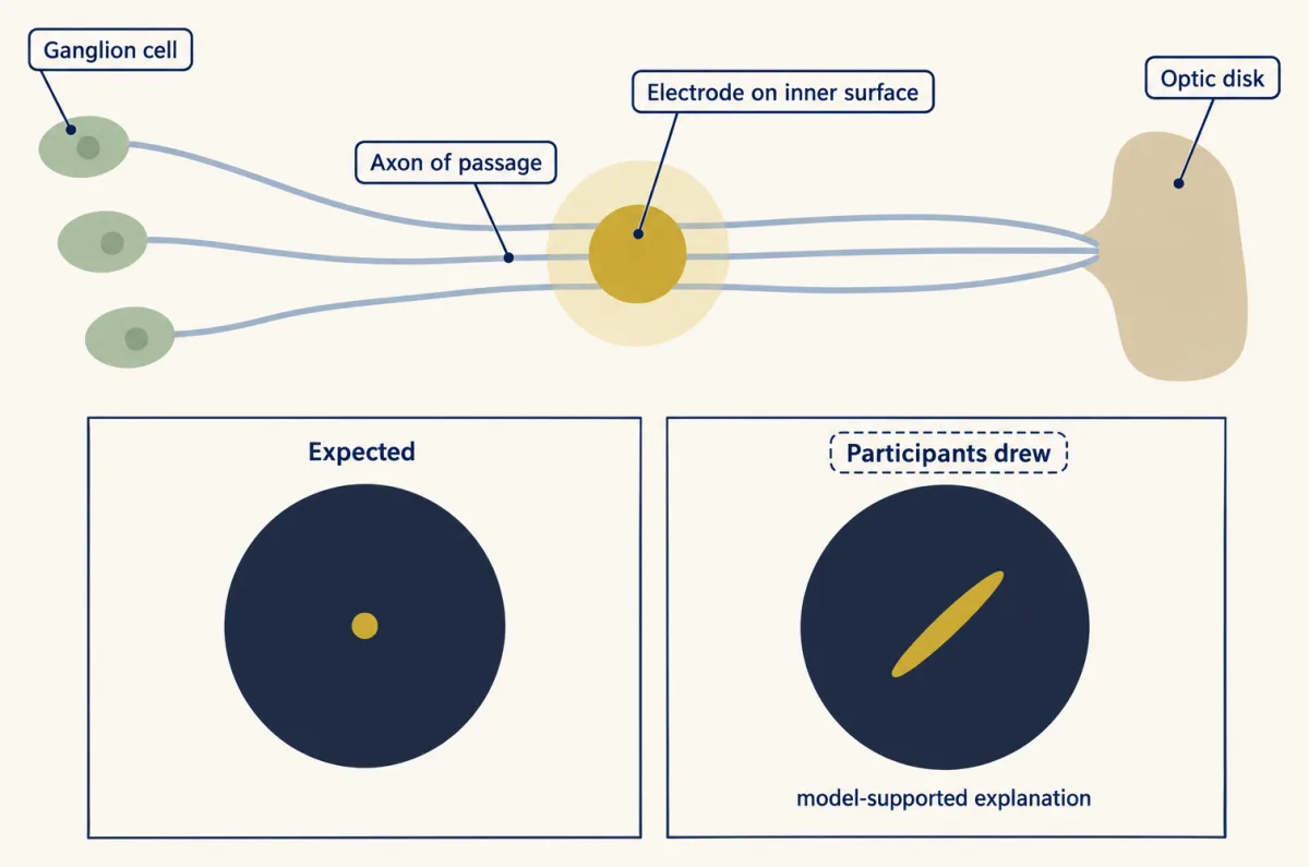AI-generated illustration: a top-down patch of inner retina with ganglion cells whose axons run in parallel toward the optic disk, and one gold electrode lying over passing axons. Two insets compare an expected single dot with an elongated streak that participants drew.