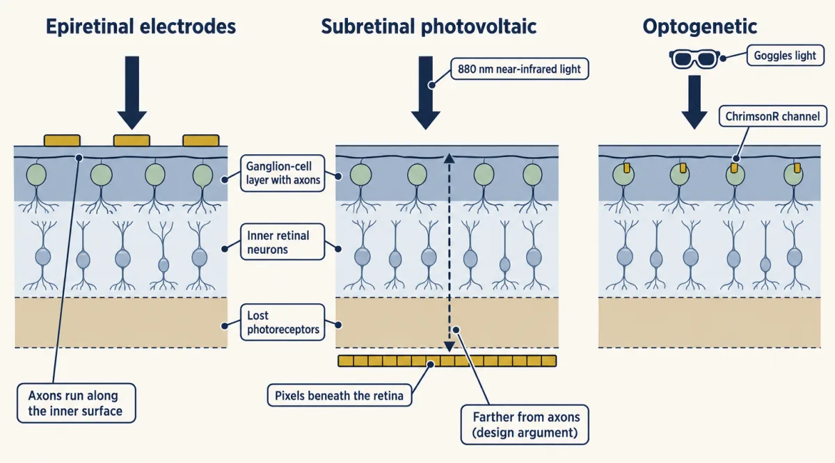 AI-generated illustration: three flat retinal strips with the inner surface at the top. Epiretinal electrodes sit on the inner surface near the axon layer; a subretinal photovoltaic plate sits beneath the retina under near-infrared light, farther from the axons; in the optogenetic panel ganglion cells carry a light-gated channel driven by goggles light.
