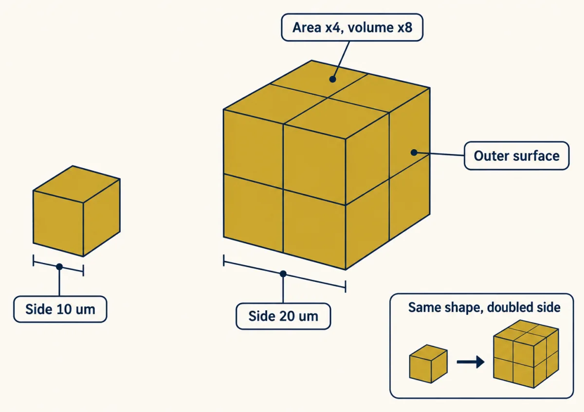 AI-generated illustration: a small cube beside a larger cube built from eight small cubes in two layers of four, with the outer surfaces tinted gold and brackets showing the side of each. A small inset repeats the pair with an arrow between them.