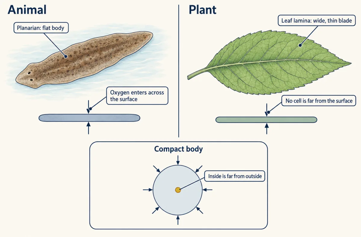 AI-generated illustration: on the left a flat leaf-shaped planarian and a thin slab with arrows entering both faces, on the right a broad green leaf blade with a midrib and a similar thin slab. A small inset shows a round solid blob with arrows entering only at its surface and a gold dot at its centre.