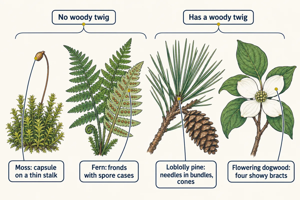 AI-generated illustration: four plants in a row. A tiny leafy moss with a capsule on a thin stalk; a fern with one frond turned to show rows of brown spore cases; a loblolly pine twig with needles in bundles and a cone; and a flowering dogwood twig with broad leaves and a flower cluster ringed by four white bracts. Brackets group the moss and fern as having no woody twig, and the pine and dogwood as having one.