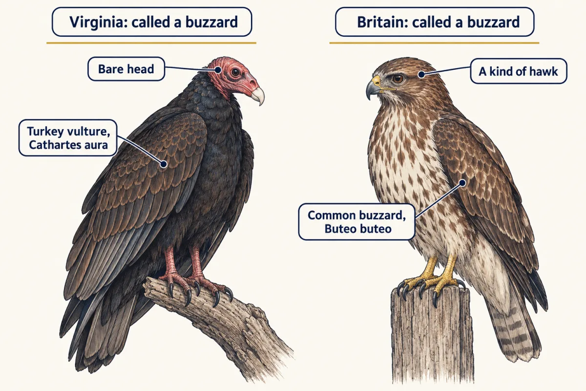 AI-generated illustration: two perched birds side by side. On the left, a large dark turkey vulture with a small bare reddish head, labelled as the bird some Virginians call a buzzard. On the right, a brown common buzzard with a feathered head, labelled as the bird called a buzzard in Britain, a kind of hawk.