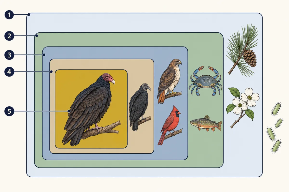 AI-generated illustration: five boxes nested one inside the next. Small rod-shaped cells sit outside the largest box. Inside it, a pine twig and a dogwood twig sit outside the second box; a blue crab and a brook trout sit outside the third; a red-tailed hawk and a cardinal sit outside the fourth; a black vulture sits outside the smallest box, and a turkey vulture sits alone inside it. Five numbered circles down the left side mark the four outer boxes and the turkey vulture.