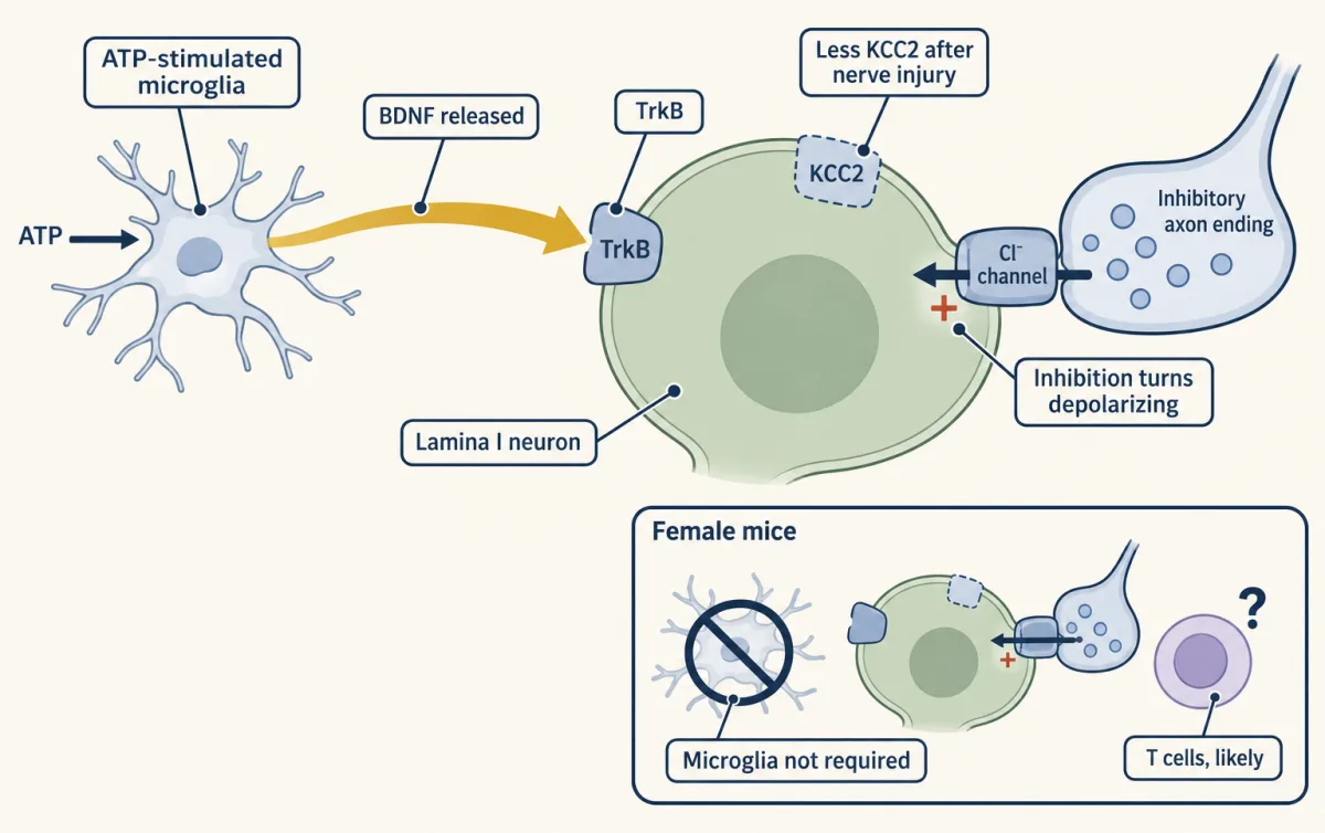 AI-generated illustration: a microglial cell sends one gold BDNF arrow to a TrkB block on a lamina I neuron, whose KCC2 block is drawn faint, while an inhibitory ending on the neuron is marked as now depolarizing. An inset labelled Female mice shows the microglia crossed out and a question-marked lymphocyte.