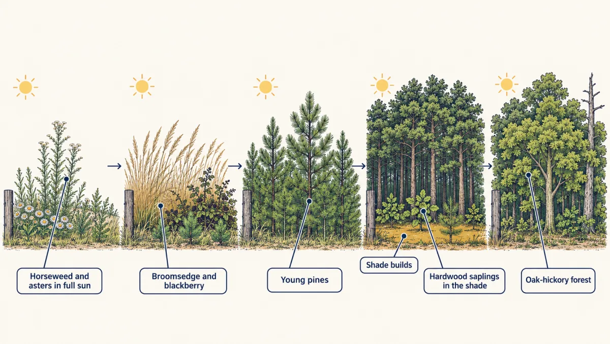AI-generated illustration: five scenes of the same Piedmont field. Weeds and asters in full sun; broomsedge, blackberry and pine seedlings; young pines; tall pines shading oak and hickory saplings; and finally an oak-hickory forest with one dead pine.