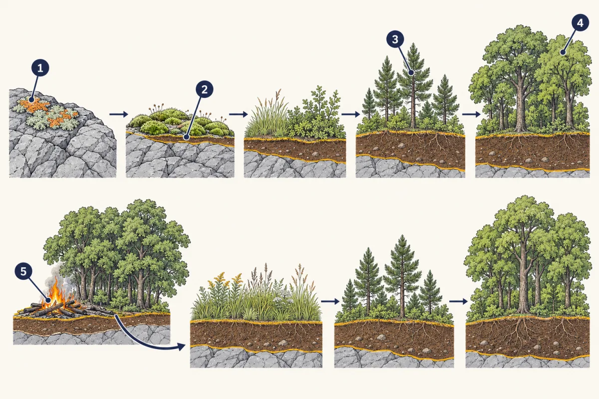 AI-generated illustration: two rows of small scenes. The top row starts on bare rock with lichens, then mosses on thin soil, grasses, pines and finally an oak-hickory forest. The bottom row starts when fire returns a forest to a field that already has thick soil, then goes quickly to pines and forest. Five numbered circles mark parts.