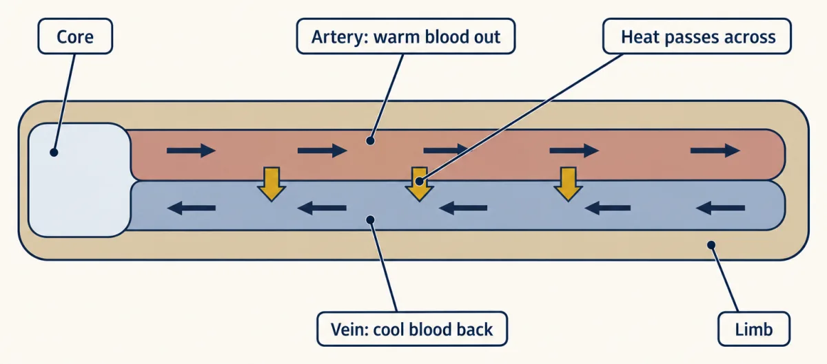 AI-generated illustration: a schematic limb with two tubes side by side. The artery carries warm blood from the body core toward the tip; the vein carries cooler blood back toward the core in the opposite direction. Short gold arrows cross from artery to vein showing heat passing across.