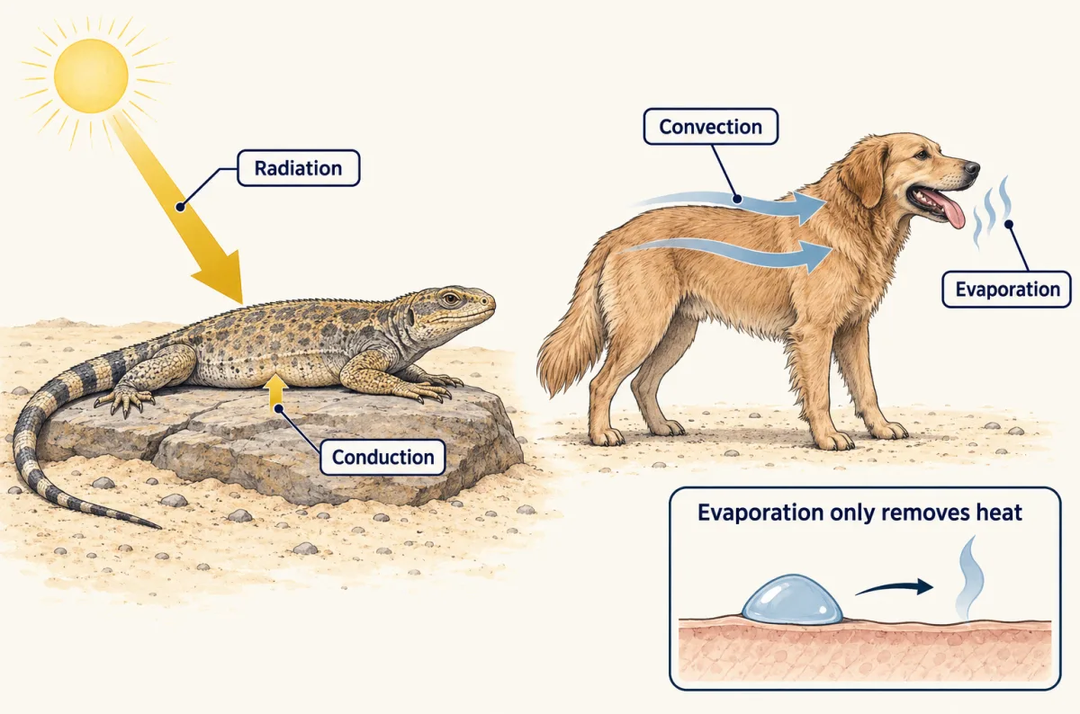 AI-generated illustration: a desert iguana lies on a rock with a sun's heat arrow on its back and another where its belly touches the rock; beside it a panting dog has vapour rising from its mouth and two wide arrows of moving air passing along its back. A small inset shows a droplet on skin turning to vapour.