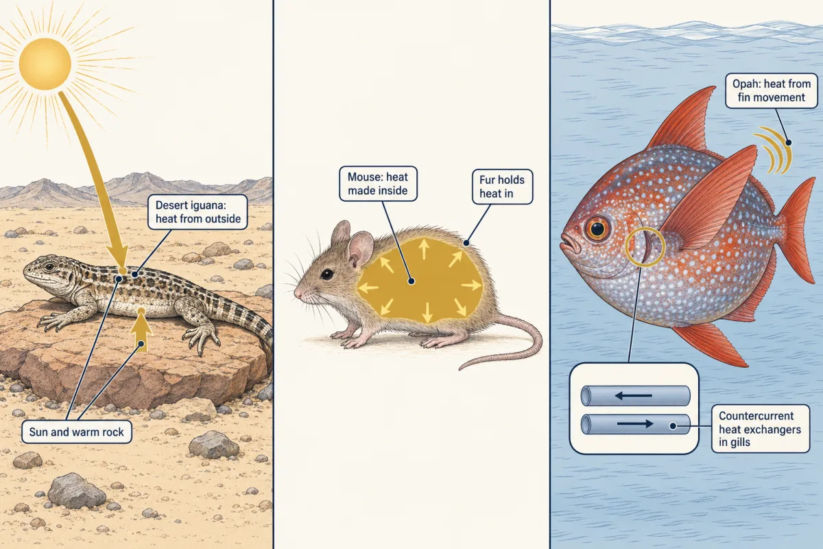AI-generated illustration: three animals side by side. A desert iguana lies on a rock with the sun's heat arriving from above and from the rock below. A laboratory mouse glows with heat made inside its body and held in by fur. A disc-shaped opah moves its large pectoral fin, with a small inset of two side-by-side tubes showing heat exchangers in its gills.