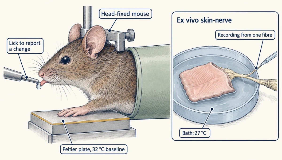 AI-generated illustration: a head-fixed mouse with one forepaw on a square Peltier plate and a lick spout in front of its mouth, beside an inset of an isolated skin patch in a bath with its nerve attached and an electrode on a single fibre.