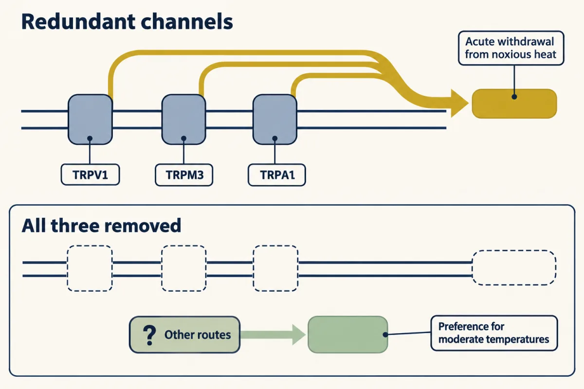 AI-generated illustration: a schematic membrane with three labelled channel blocks, TRPV1, TRPM3 and TRPA1, each sending a separate arrow into one box for acute withdrawal from noxious heat. An inset shows all three blocks removed and the withdrawal box empty, while a separate box for preference for moderate temperatures stays filled, fed by an unknown source.