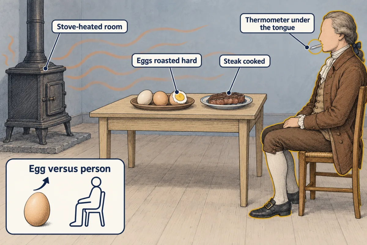 AI-generated illustration: a plain old room with an iron stove and wavy heat lines. On a table sit eggs, one cracked open and hard-cooked, and a cooked steak. Beside it a man in 18th-century dress sits calmly with a glass thermometer under his tongue. An inset contrasts an egg, which warms, with a seated person, who does not.