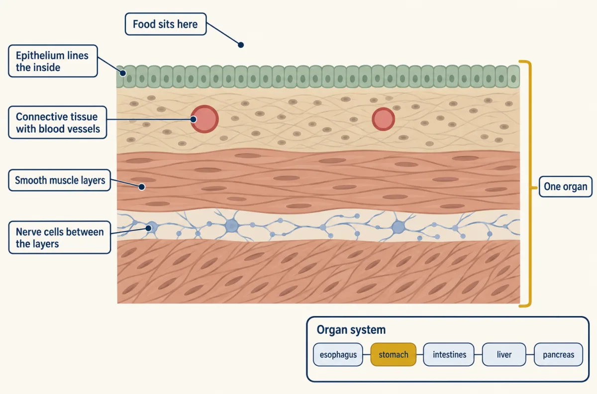 AI-generated illustration: a flat diagram of a stomach wall as four stacked layers, from the inside outward a sheet of epithelial cells, connective tissue with two blood vessels, and two layers of smooth muscle with a web of nerve cells between them. An inset shows the stomach as one block among the esophagus, intestines, liver and pancreas in the digestive system.