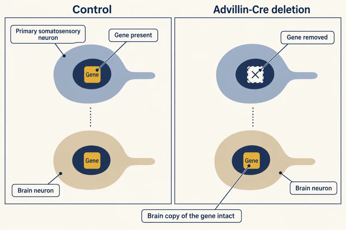 AI-generated illustration: two panels, each with a sensory neuron above a brain neuron. In the control both carry a gold gene square; in the Advillin-Cre deletion the sensory neuron's gene square is missing while the brain neuron keeps its copy.