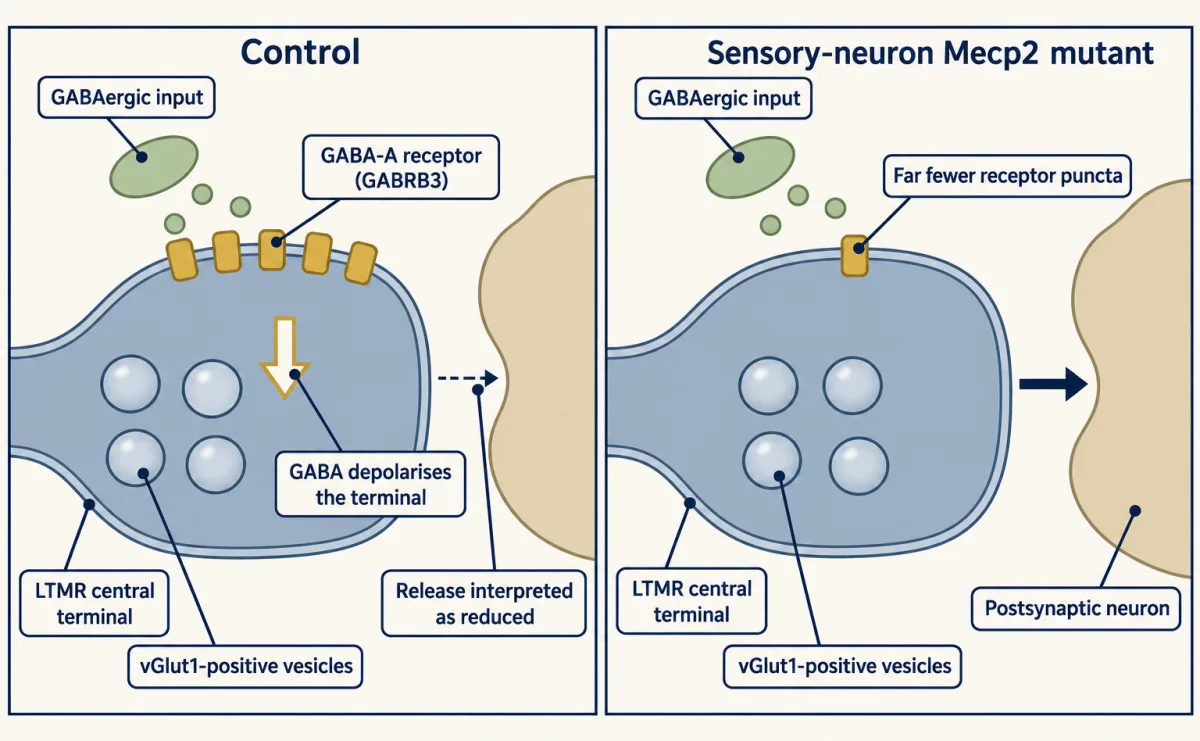 AI-generated illustration: two cell-level diagrams of an afferent terminal facing a postsynaptic neuron. In the control, many gold GABA-A receptor blocks sit in the terminal membrane under a GABA neuron; in the mutant, almost none do.