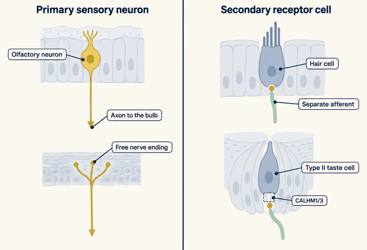 AI-generated illustration: two side-by-side schematic panels. Left, primary sensory neurons: an olfactory neuron and a free nerve ending, each a single cell with its own axon. Right, secondary receptor cells: a hair cell and a type II taste cell, each handing its signal to a separate afferent fibre.