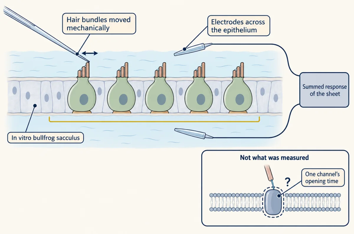AI-generated illustration: a flat sheet of five hair cells from a bullfrog sacculus, bundles pointing up and touched by a glass probe, with one electrode above and one below the sheet wired to a box labelled summed response of the sheet. An inset shows a single dashed channel marked with a question mark as what was not measured.