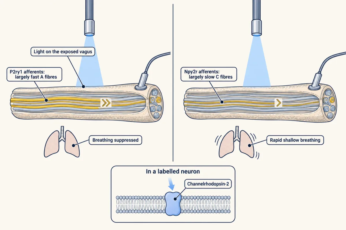 AI-generated illustration: two matching panels of an exposed nerve under a thin light fibre. On the left, gold P2ry1-labelled axons, largely fast A fibres, are lit and breathing is suppressed. On the right, gold Npy2r-labelled axons, largely slow C fibres, are lit and breathing is rapid and shallow. An inset shows a light-gated channel block in a membrane band.