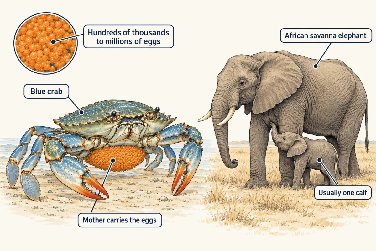AI-generated illustration: a female blue crab carrying a large orange egg mass on the bay floor, and an elephant mother with one small calf on grassland, joined by a double-headed arrow. An inset shows the egg mass as many tiny eggs.