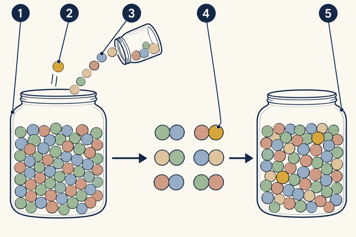 AI-generated illustration: a jar of coloured beads stands for a gene pool. One new gold bead drops in, a smaller tipped jar pours beads of a new colour in, beads are regrouped into pairs, and a jar at the right shows a slightly changed mix. Five numbered circles point to these parts.
