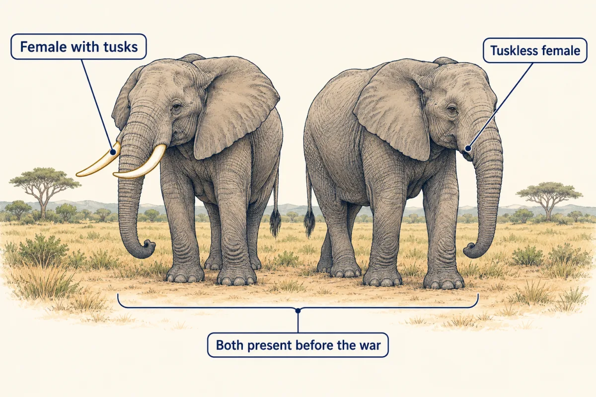 AI-generated illustration: two female African elephants side by side on a savanna, one with a pair of tusks and one with no tusks at all.