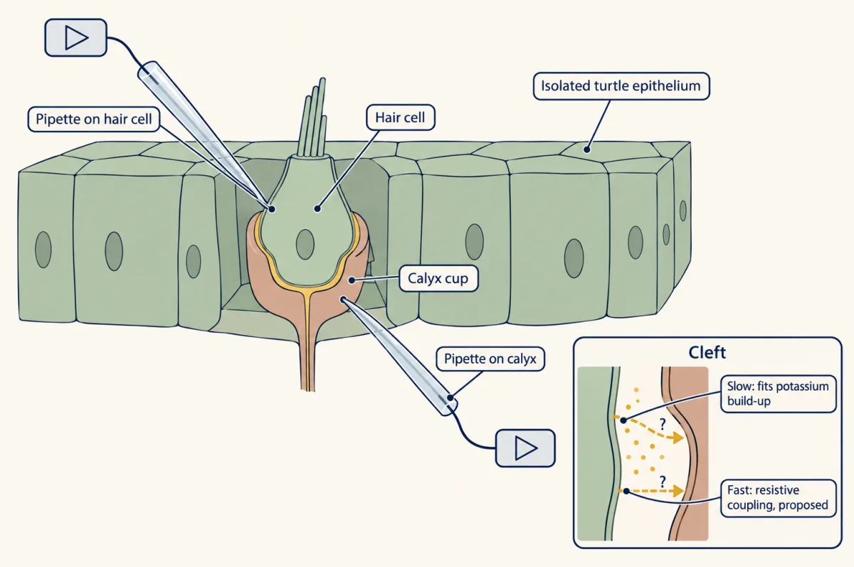 AI-generated illustration: a flask-shaped turtle hair cell wrapped by a cup-like calyx on a strip of epithelium, with one glass pipette on the hair cell and one on the calyx. An inset zooms on the narrow cleft with a slow dashed arrow and a fast dashed arrow, each marked with a question mark.