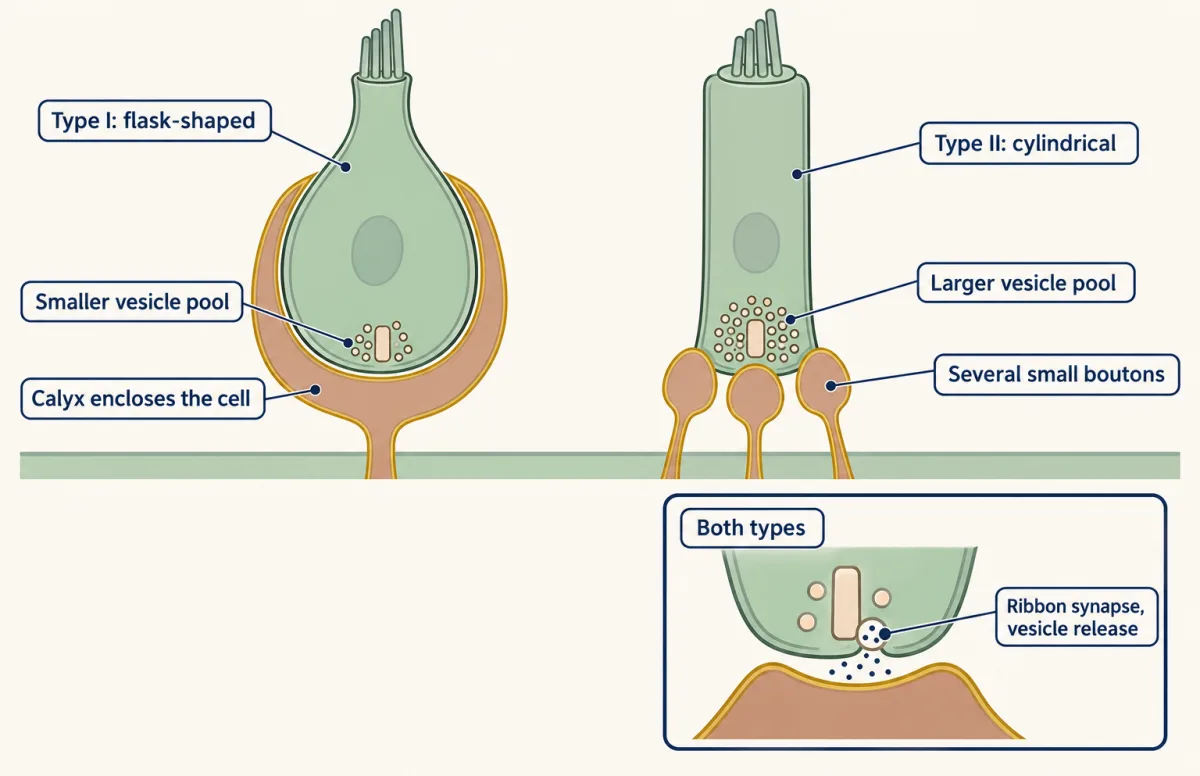 AI-generated illustration: two vestibular hair cells side by side, a flask-shaped type I cell wrapped by a cup-like calyx and a cylindrical type II cell touching several small boutons. Both have ribbon synapses with vesicles, with a larger vesicle cluster at the type II cell, and an inset shows vesicles releasing across the gap.