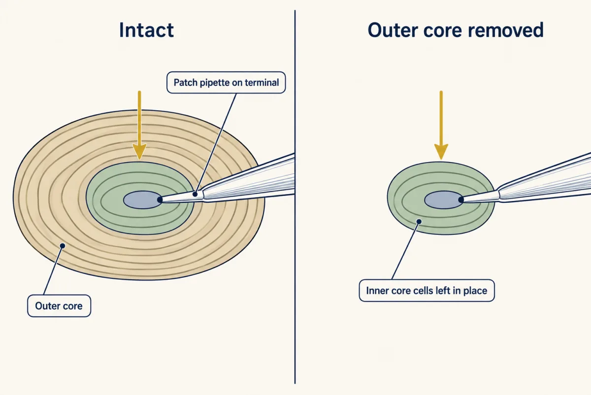AI-generated illustration: two copies of a layered Herbst corpuscle with a patch pipette on the central nerve terminal. On the left the corpuscle is intact; on the right the outer layers are removed and only the inner core cells and terminal remain.