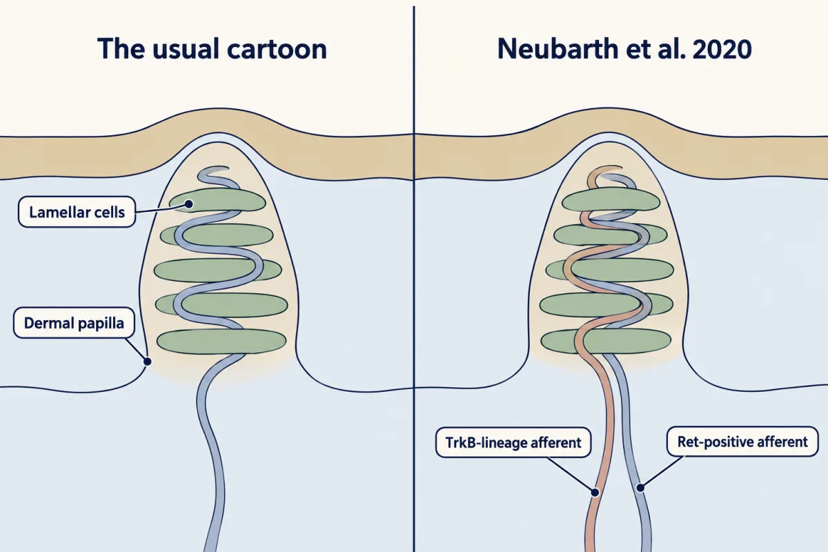 AI-generated illustration: two skin cross-sections side by side, each with a dermal papilla holding a stack of flat lamellar cells. On the left a single axon coils between them; on the right two axons in different colours, one Ret-positive and one TrkB-lineage, are intermingled.
