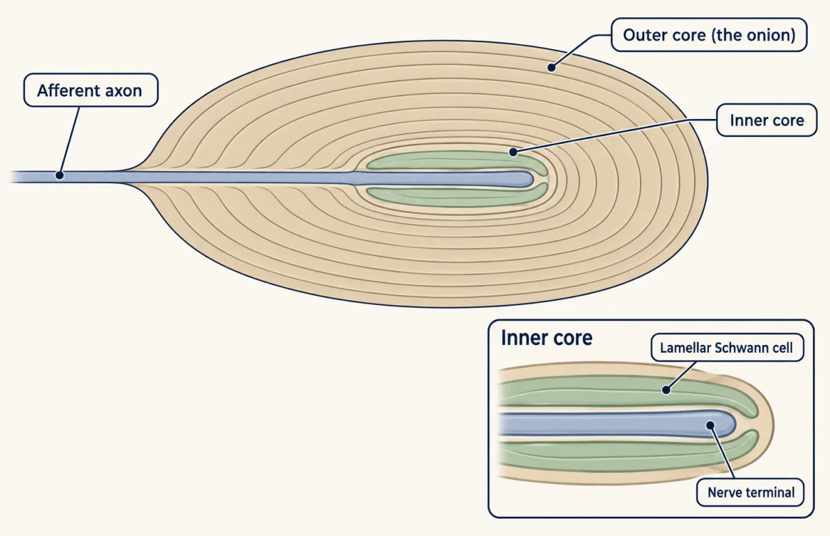 AI-generated illustration: a cut-away Pacinian corpuscle drawn as an oval of nested concentric layers, the outer core, around a small inner core where flat lamellar Schwann cells hug a central nerve terminal. A thin axon leaves at the left. An inset zooms on the terminal and its lamellar cells.
