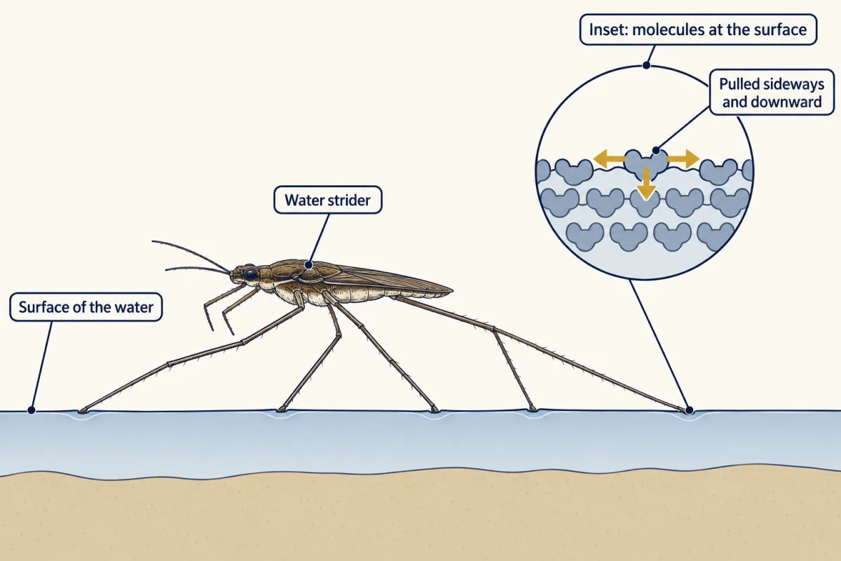 AI-generated illustration: a water strider standing on a still pond with small dimples under its feet, and a zoom circle showing a top row of abstract water-molecule blocks with arrows pulling sideways and downward.