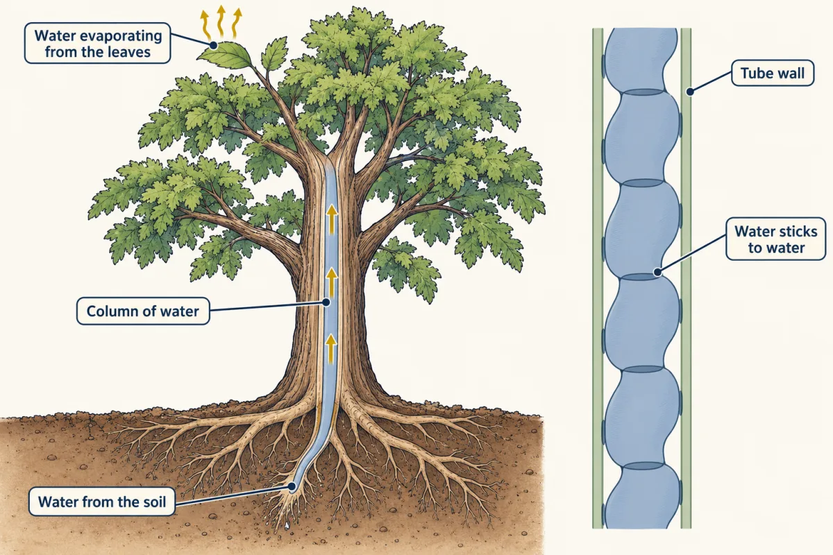 AI-generated illustration: a tall tree with a cut-away trunk showing a column of water running from the roots to a leaf where vapour leaves, plus a zoom of a narrow tube filled with touching water-molecule blocks.