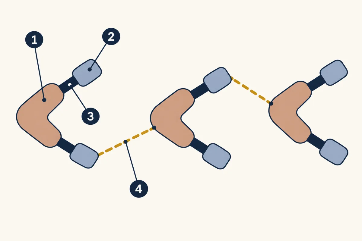 AI-generated illustration: three bent block shapes, each a water molecule drawn as one wide body with two small tip blocks, in a row; dashed gold lines link neighbouring molecules and short solid bars join the tips to the bodies. Four numbered circles mark parts for the student to name.