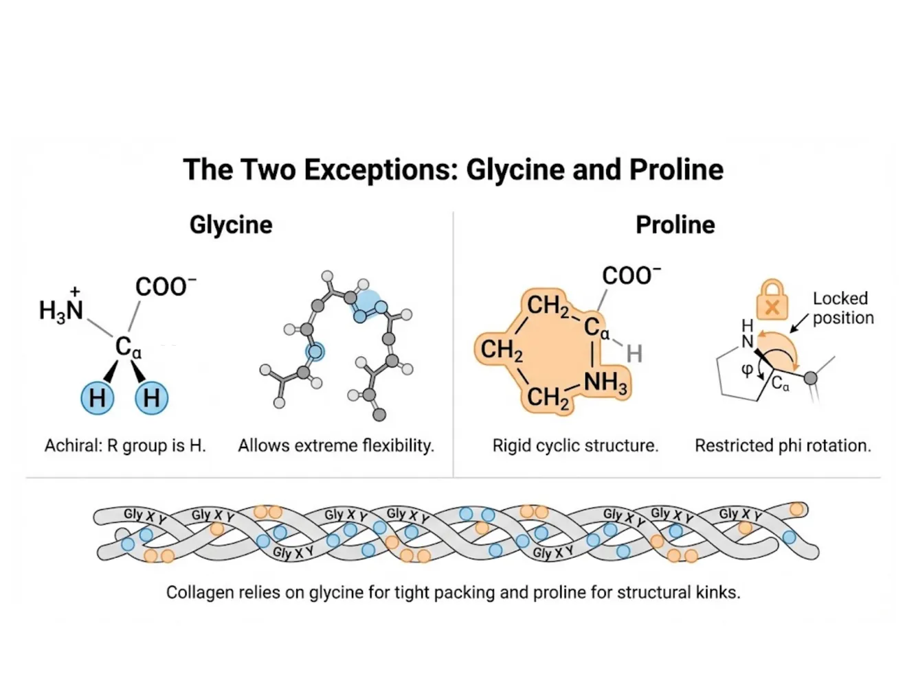 A two-panel schematic contrasting glycine (achiral, maximally flexible) with proline (rigid ring, kinks the backbone), and how collagen uses both.