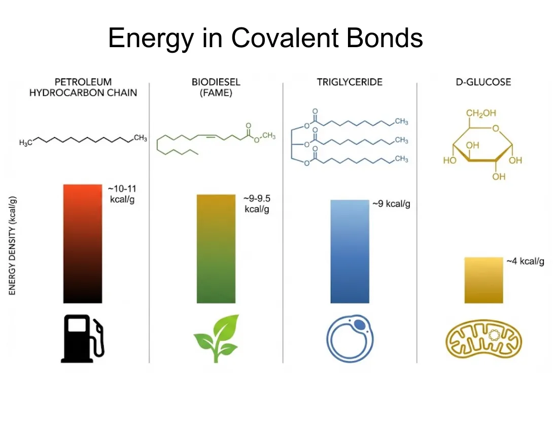 A comparison of energy density across petroleum, biodiesel, a triglyceride, and D-glucose — fat near 9–11 kcal/g, glucose only ~4 kcal/g.