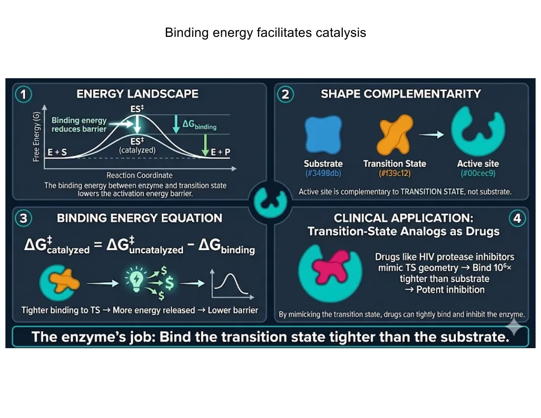 A four-panel framework: the enzyme lowers the barrier by releasing binding energy at the transition state; shape complementarity favors the transition state; ΔG‡(catalyzed) = ΔG‡(uncatalyzed) − binding energy; transition-state-analog drugs exploit the tight fit.