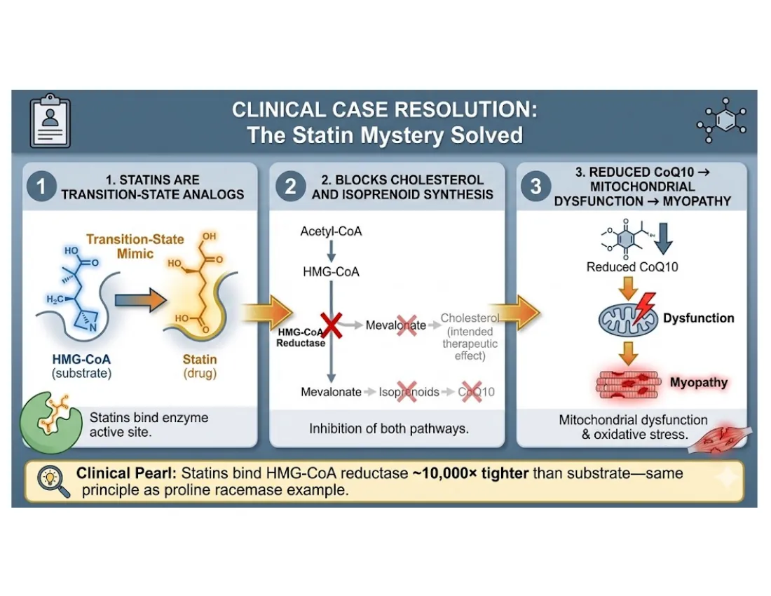 A three-panel resolution: statins are transition-state analogs of HMG-CoA reductase binding ~10,000× tighter than substrate, which blocks both cholesterol and CoQ10 synthesis, and the CoQ10 drop in mitochondria explains the muscle side effect.