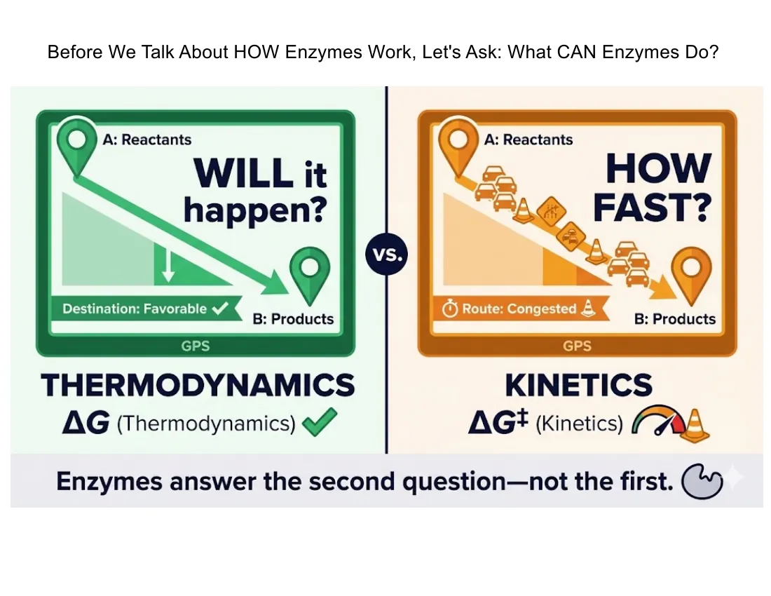 A GPS analogy: 'will it happen?' (thermodynamics, ΔG) versus 'how fast?' (kinetics, ΔG‡), with the conclusion that enzymes answer only the second question.