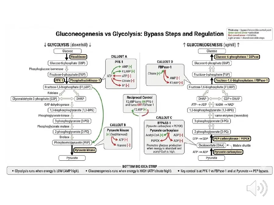 Glycolysis descending on the left, gluconeogenesis climbing on the right, sharing metabolites down the middle, with the three regulated control points called out.