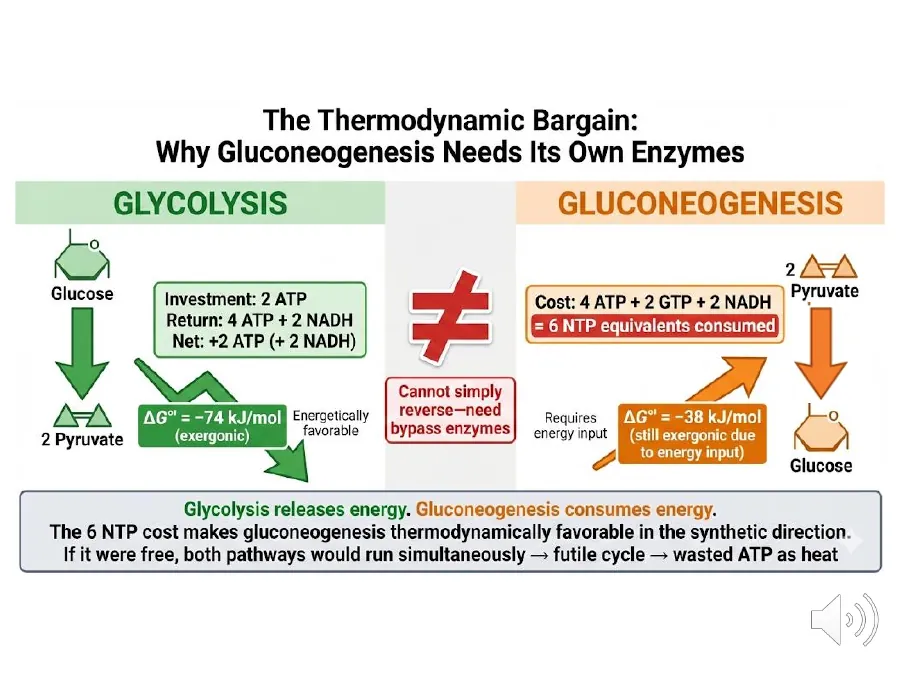 Glycolysis releasing ~74 kJ/mol (downhill) versus gluconeogenesis consuming energy, with the extra cost making synthesis favorable and preventing a futile cycle.