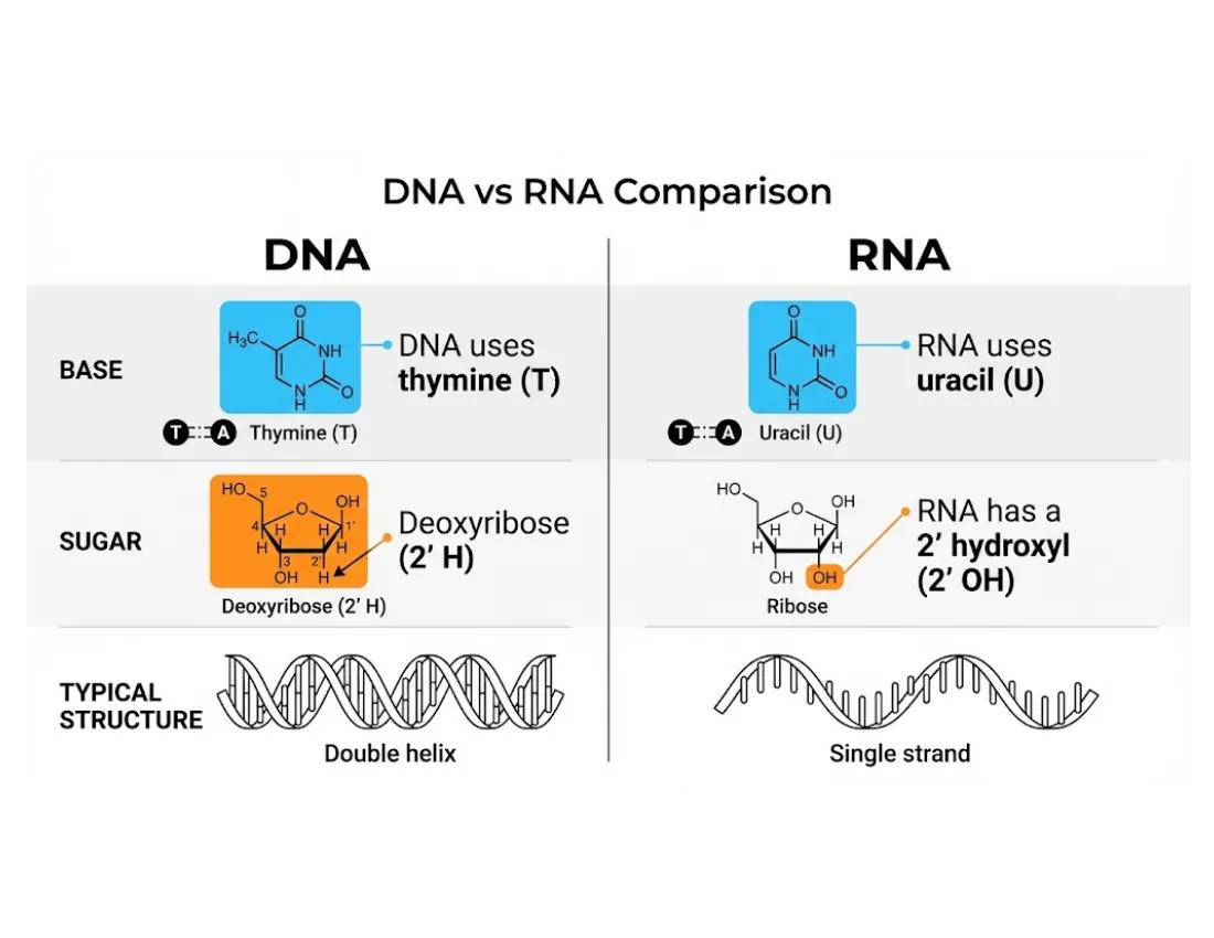 A comparison table: DNA uses thymine, deoxyribose (2'-H), and a double helix; RNA uses uracil, ribose (2'-OH), and a single strand.