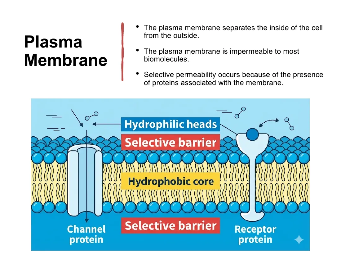A phospholipid bilayer with hydrophilic heads facing out, a hydrophobic core in the middle, and embedded channel and receptor proteins acting as selective gatekeepers.