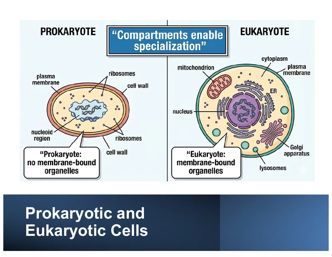 A prokaryote (no membrane-bound organelles, nucleoid) beside a eukaryote (nucleus, mitochondria, ER, Golgi, lysosomes), under the banner 'compartments enable specialization.'