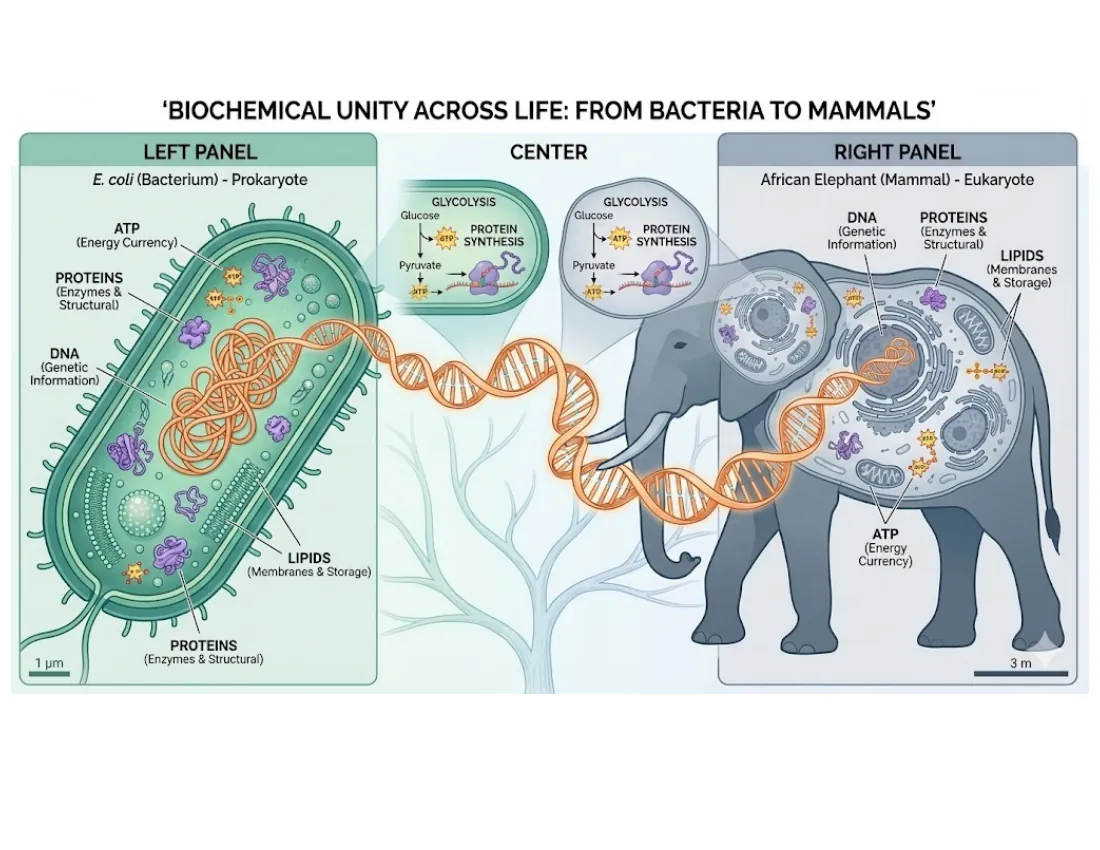 A side-by-side comparison of an E. coli bacterium and an African elephant cell, both labeled with the same molecular inventory — DNA, ATP, proteins, lipids — linked by a central DNA helix.