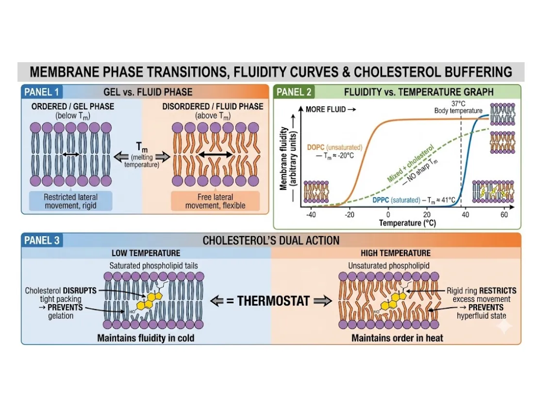 A fluidity-versus-temperature graph showing cholesterol broadening the sharp phase transition into a gentle curve, raising fluidity when cold and lowering it when hot.
