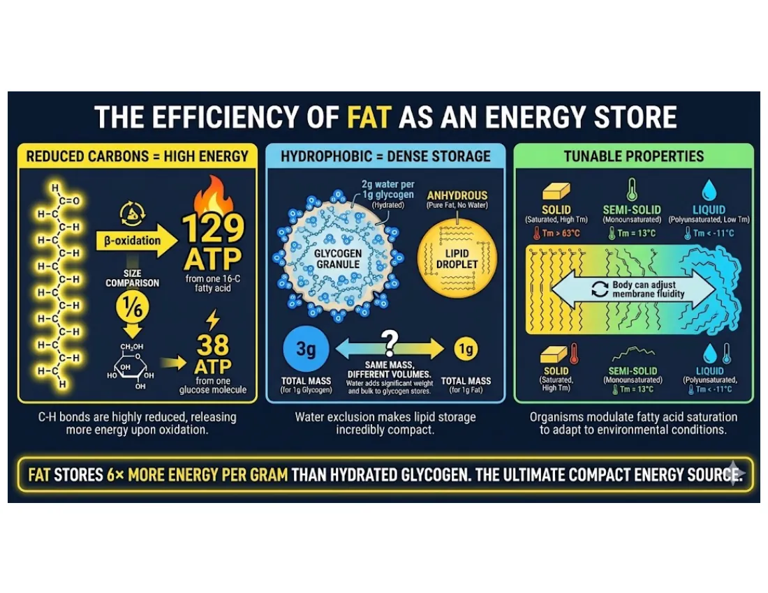 A comparison of fat versus glycogen as fuel: more reduced carbons (palmitate ~106 ATP vs glucose ~30-32), and anhydrous storage making fat far denser by weight.