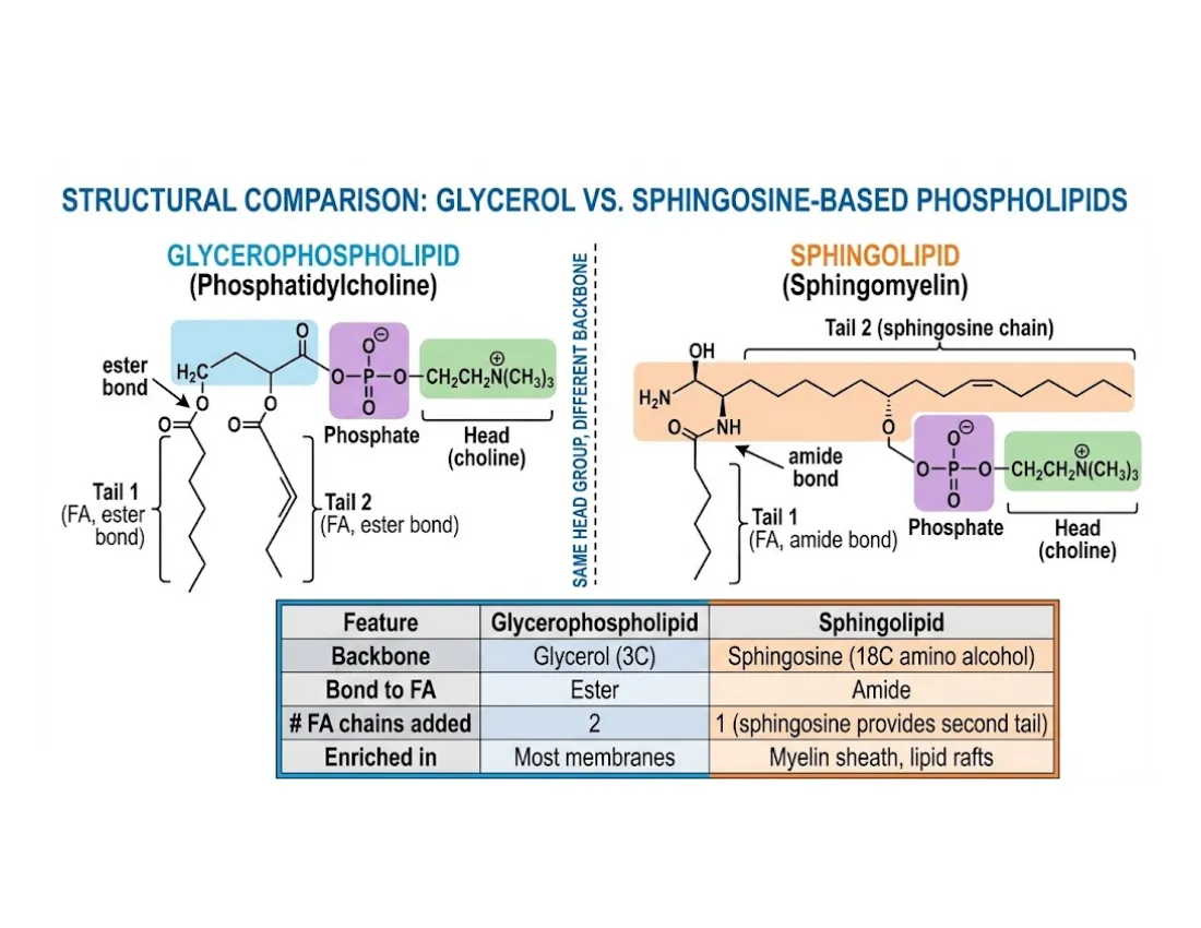 A side-by-side comparison: a glycerol backbone with two ester-linked tails versus an 18-carbon sphingosine backbone with one amide-linked acyl chain.
